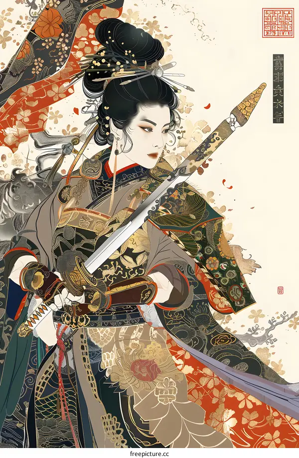 Japanese Woman Warrior Holding a Sword in Traditional Kimono