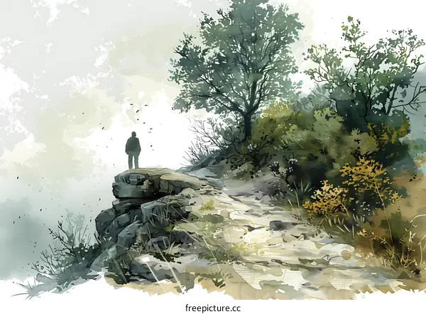 Watercolor Painting of a Man Standing on a Cliff