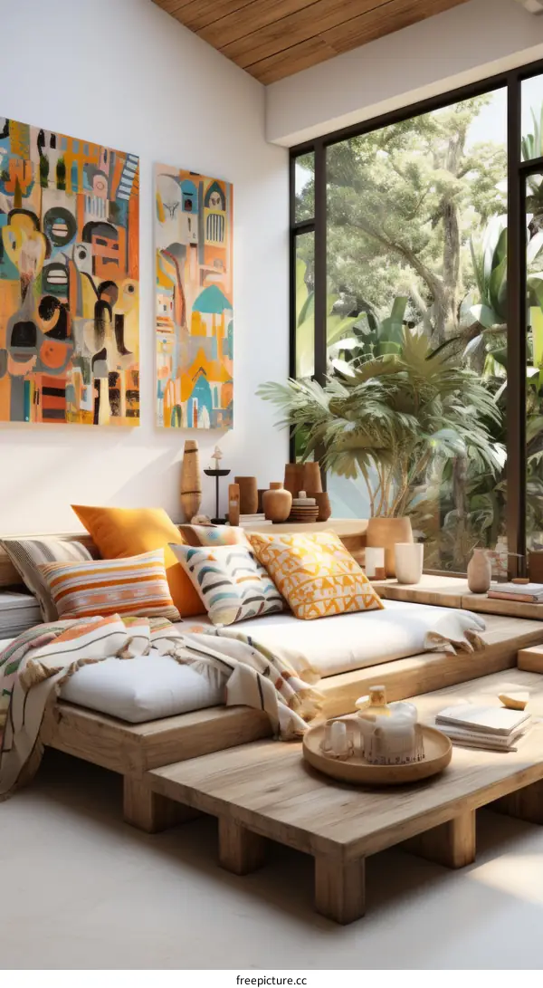 Modern living room interior with large windows and abstract paintings