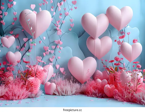 Pink heart-shaped balloons and flowers backdrop