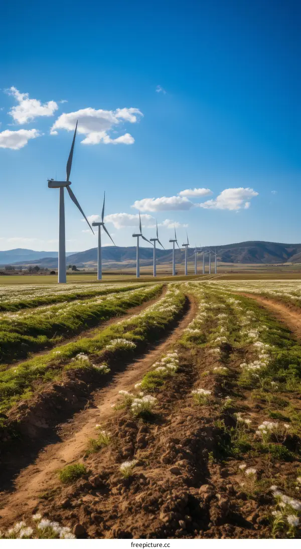 Wind turbines in a field of flowers