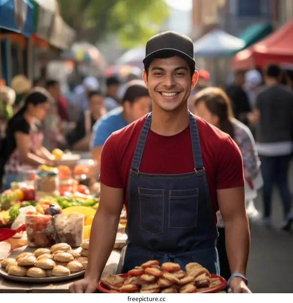 Portrait of a happy young Hispanic male street food vendor