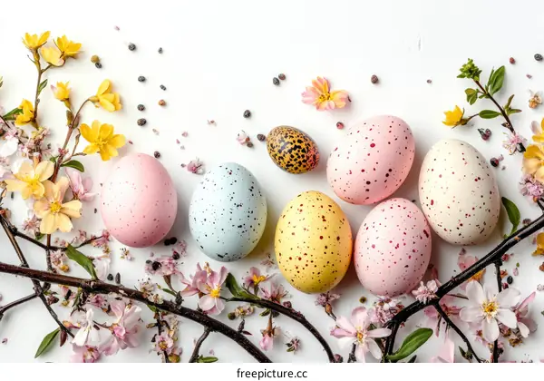 Easter Eggs and Spring Flowers on White Background