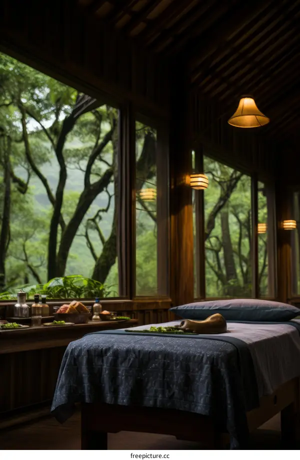 A Wooden Massage Table in a Tranquil Forest Room