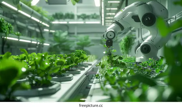 Robot arm harvesting salad in a greenhouse