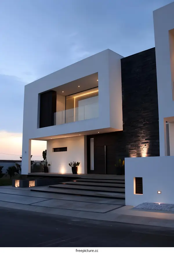 Modern Minimalist Home Exterior Design With Stone Walls And Glass Railings