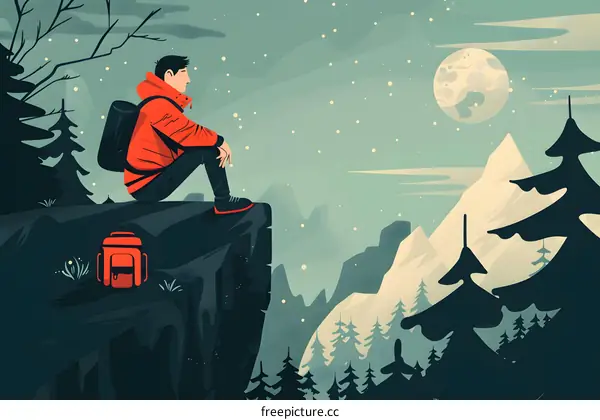 Man Sitting on a Cliff at Night with Mountains in the Background