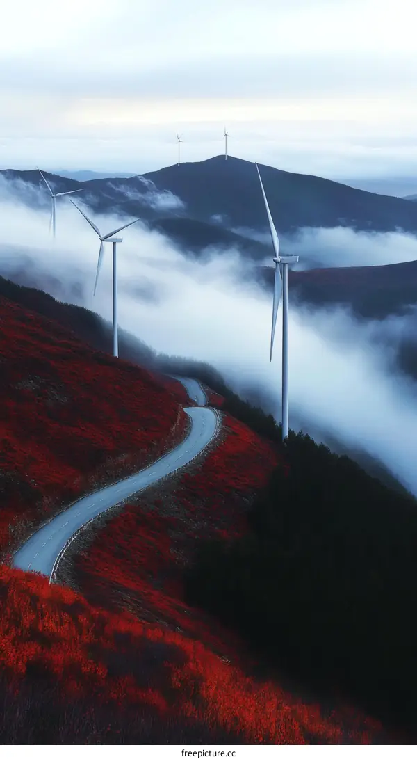 Wind Turbines on a Mountainous Road in Autumn