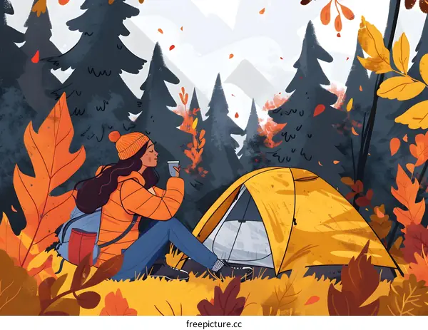 Woman Sitting By Tent In Autumn Forest