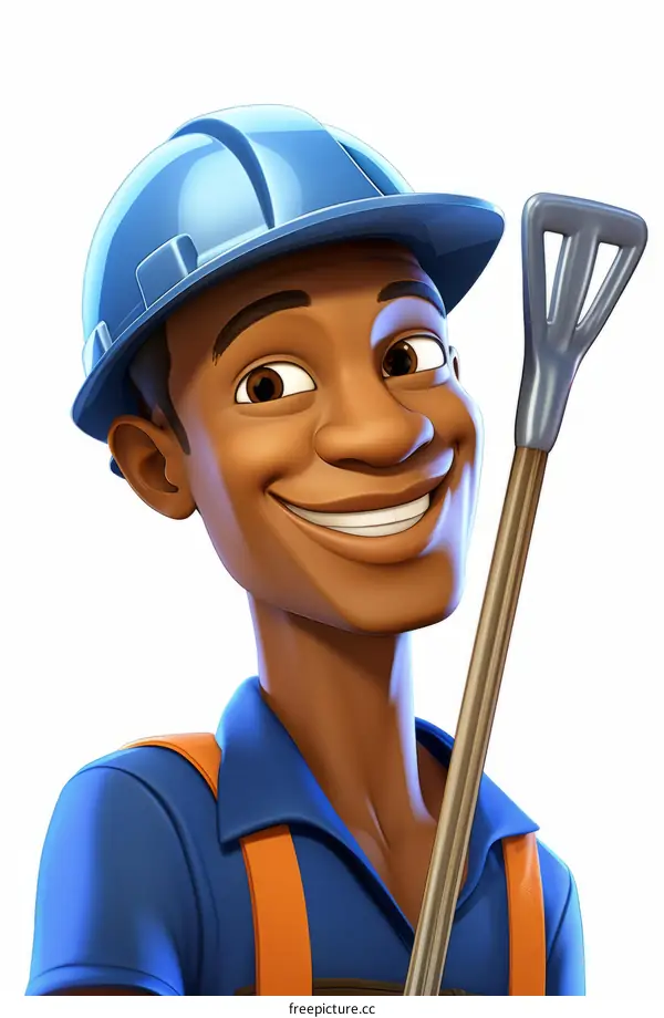 Black Construction Worker with Blue Hardhat and Work Clothes