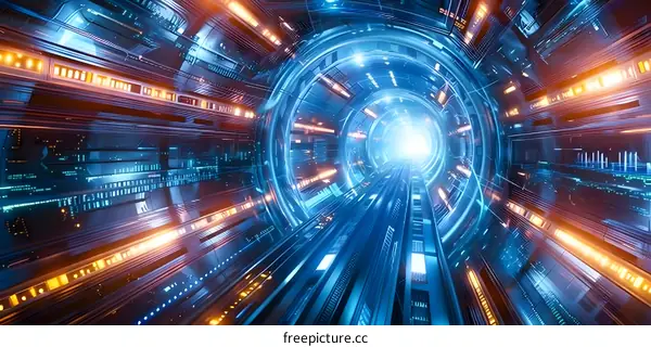 Blue and orange technology tunnel