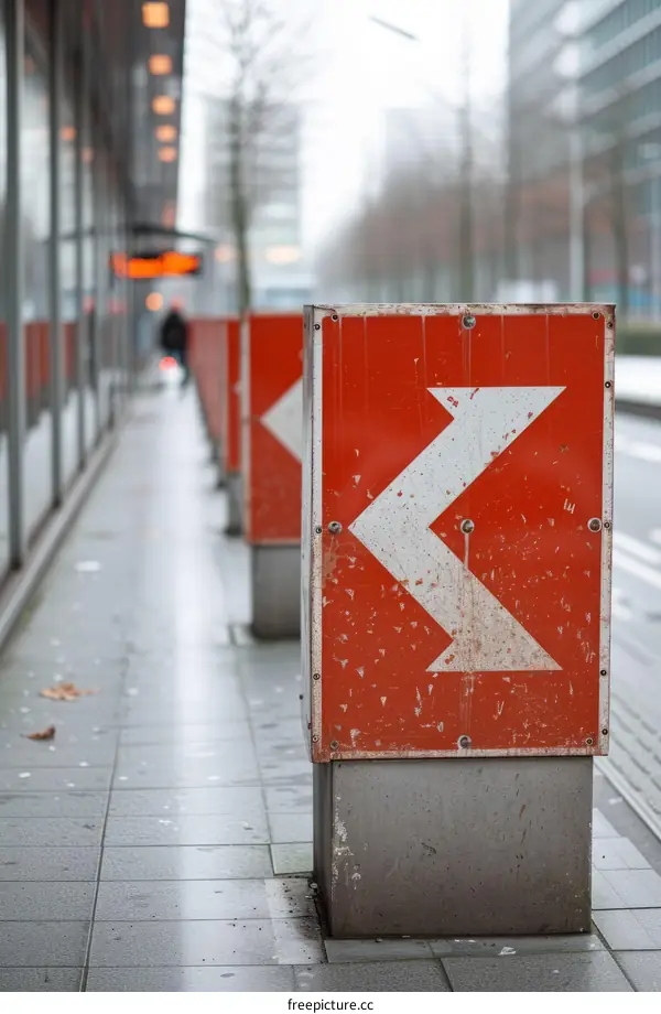 Red and white weathered directional signs on a sidewalk