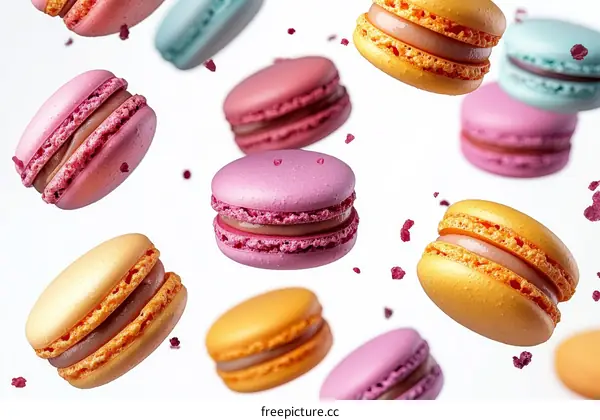 Colorful Macarons in Mid-Air