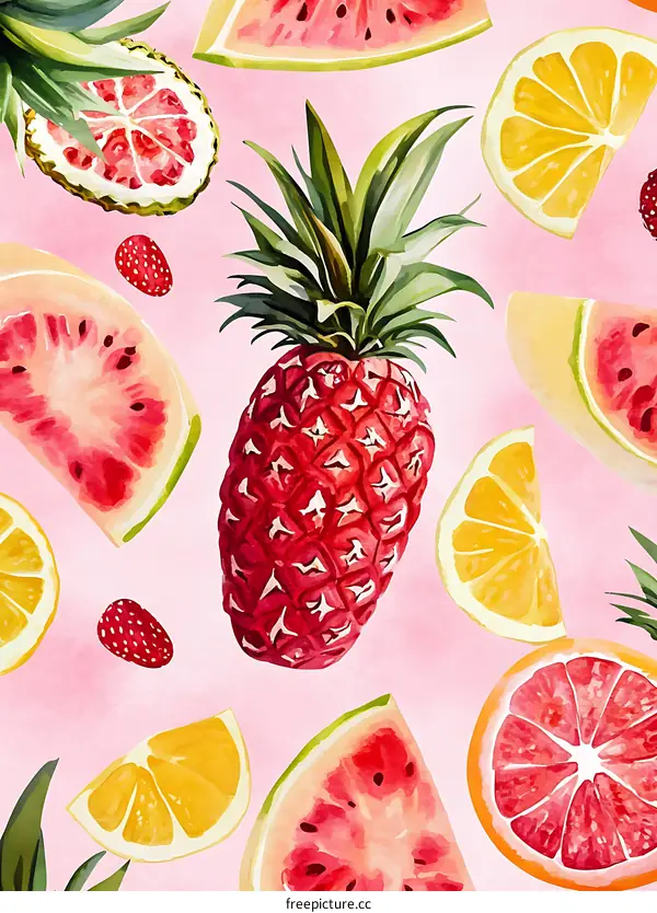 Watercolor Tropical Fruits Seamless Pattern