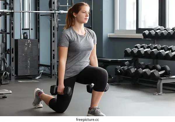 Woman exercising with dumbbells in a gym