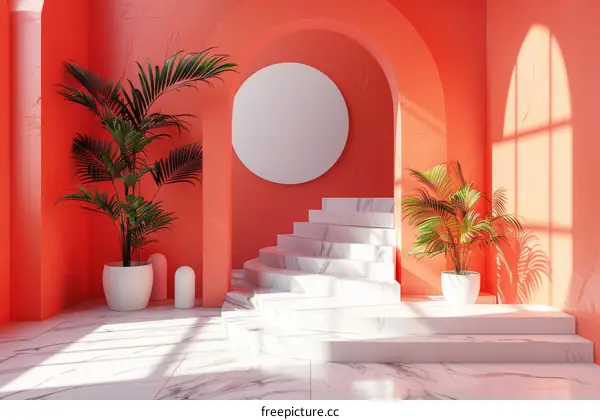 Modern Coral Interior Design Illustration with Marble Stairs