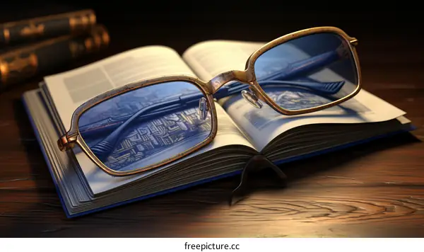Glasses on a Book Reflecting an Urban Cityscape