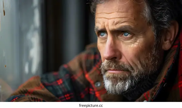 Portrait of a man in a plaid shirt looking out the window