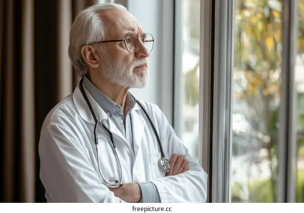 Thoughtful Senior Caucasian Doctor at Window