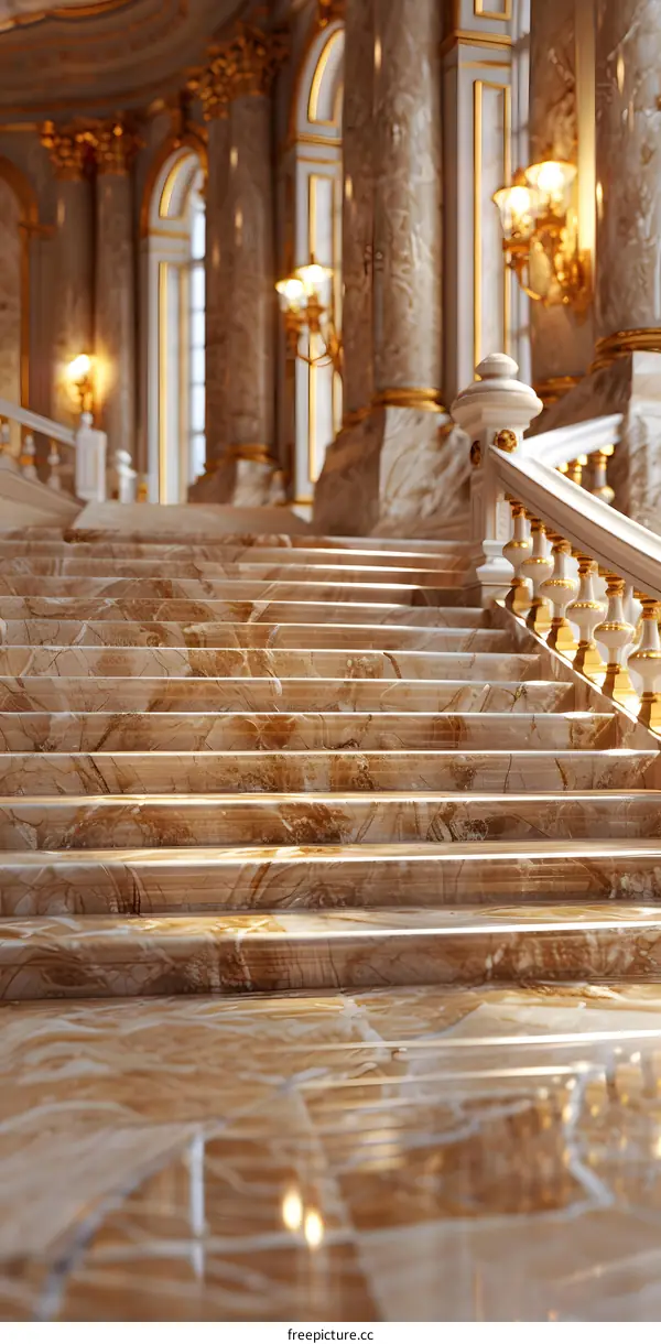 Staircase with shiny marble floor and golden handrails
