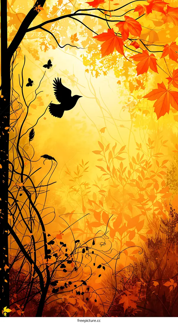 Autumn Forest Illustration With Flying Bird And Butterflies