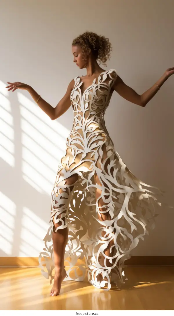Fashion model wearing a white laser-cut dress