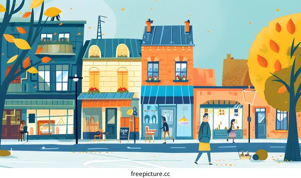 Autumn Street Scene with People Walking by Shops