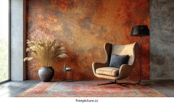 Rustic Modern Interior with Rusty Wall and Armchair