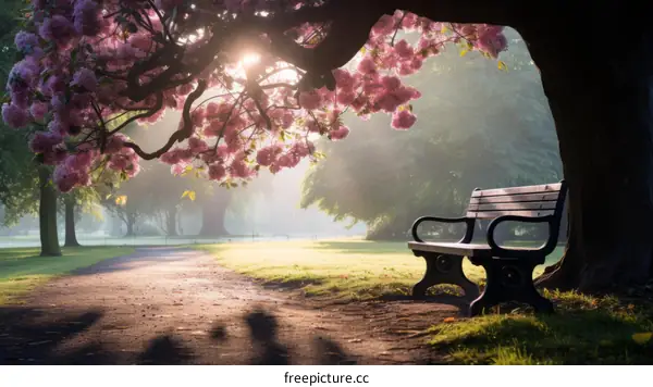 A park bench sits under a cherry tree in full bloom.