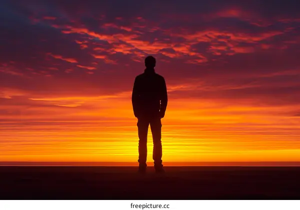 Lonely Man Silhouette Watching a Colorful Sunset Overlooking the Ocean