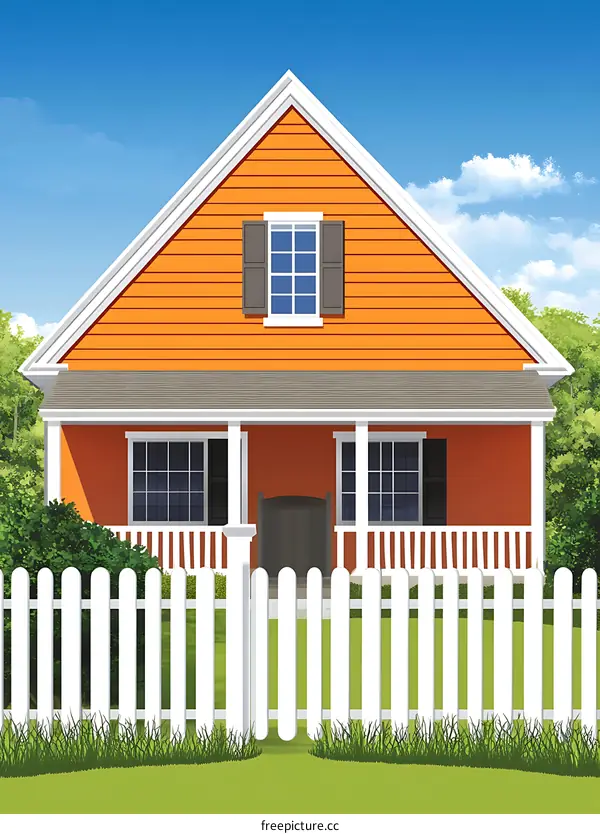 Orange House with White Fence and Green Grass