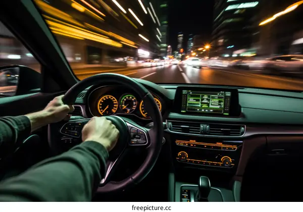 Man driving a car at night on a busy road with city lights in the background