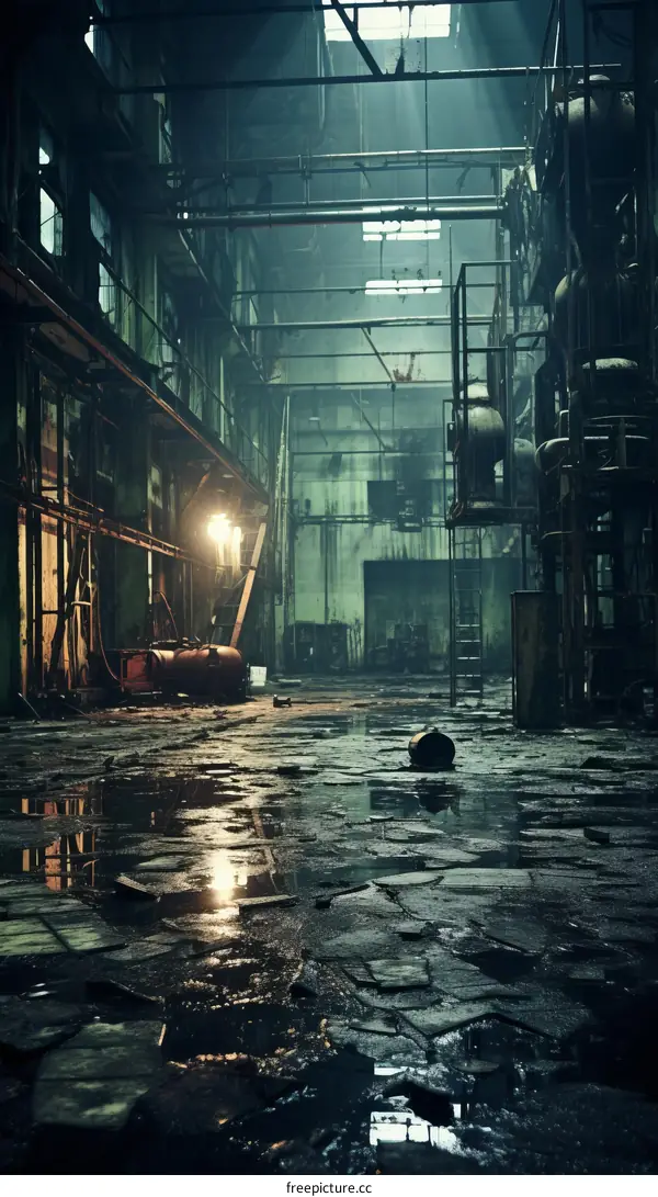 An eerie abandoned factory building with broken windows and a water-damaged floor
