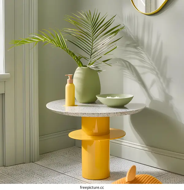 Yellow Table With Green Vase and Palm Leaf in Bathroom Interior