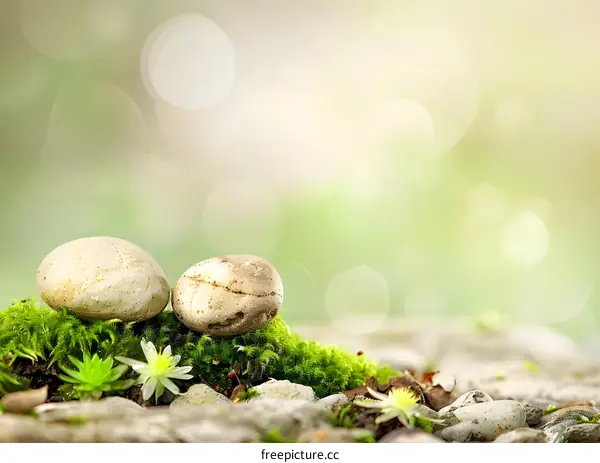 Two Smooth Stones on Green Moss With Bokeh Background