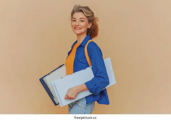 Caucasian Woman Student Carrying Folders