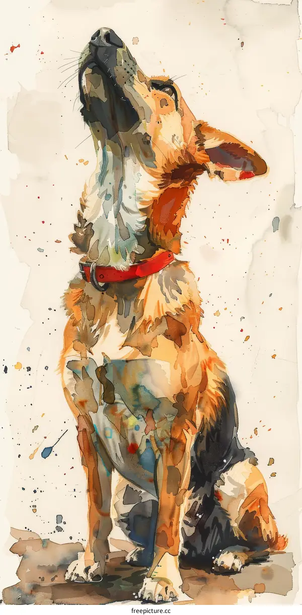 Watercolor painting of a dog looking up