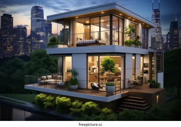 Modern House with City Skyline View