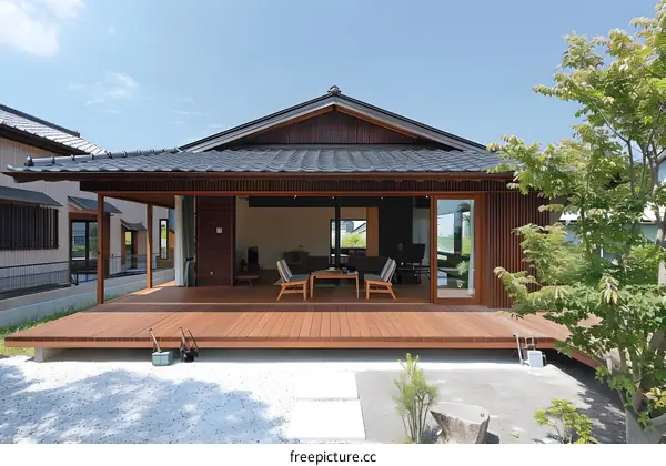 Modern Japanese House with Wooden Deck and Patio
