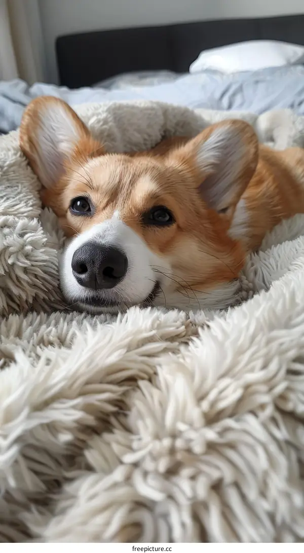 Sweet Corgi Dog Curled Up Sleeping Under White Blanket