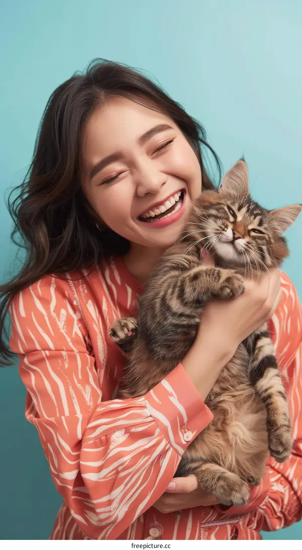 A young woman is holding a cat and smiling