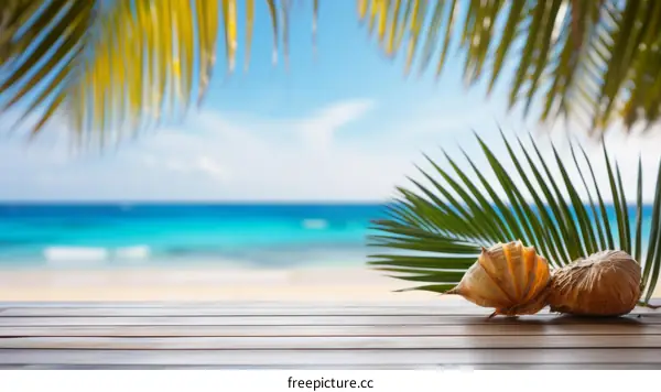 Beach with palm leaves and seashells