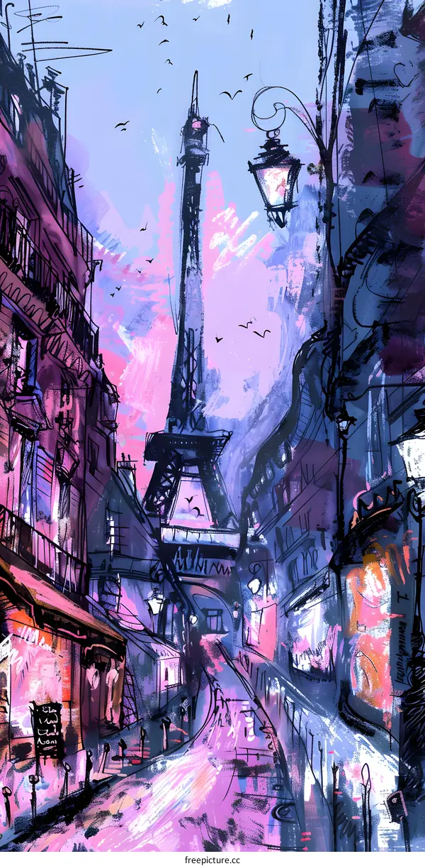 Paris Cityscape Illustration with Eiffel Tower and Street Lights