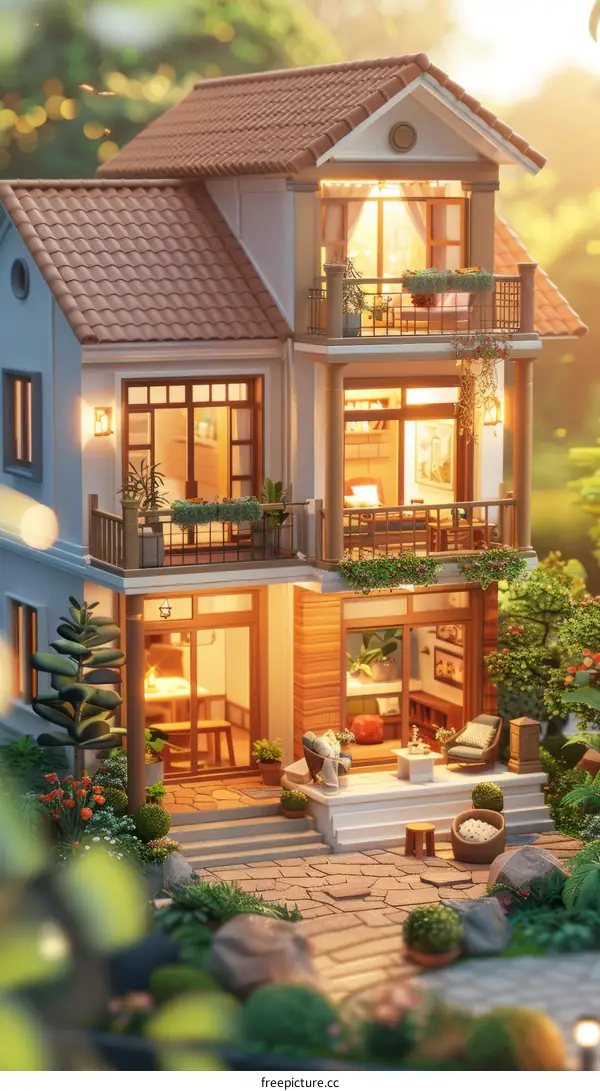 European Style Two-Story House with Garden