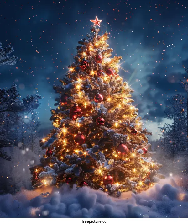Christmas Tree Glowing in the Snowy Forest