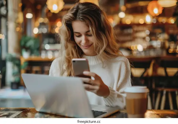 Young woman using laptop and mobile phone in cafe