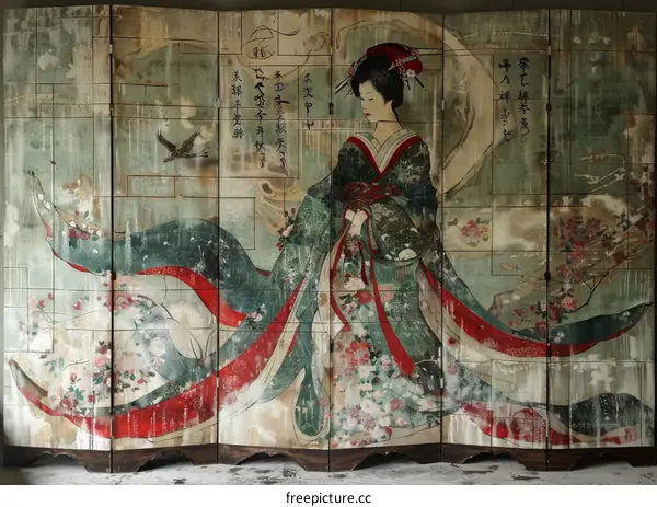 japanese woman in kimono with flowers and bird