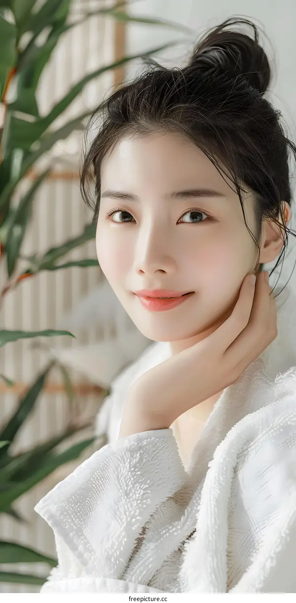 Beautiful Young Asian Woman Wearing White Bathrobe