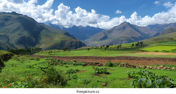 Mountain Range Landscape with Green Fields