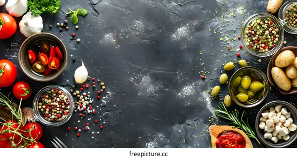 Dark Background with Red Tomatoes and Spices